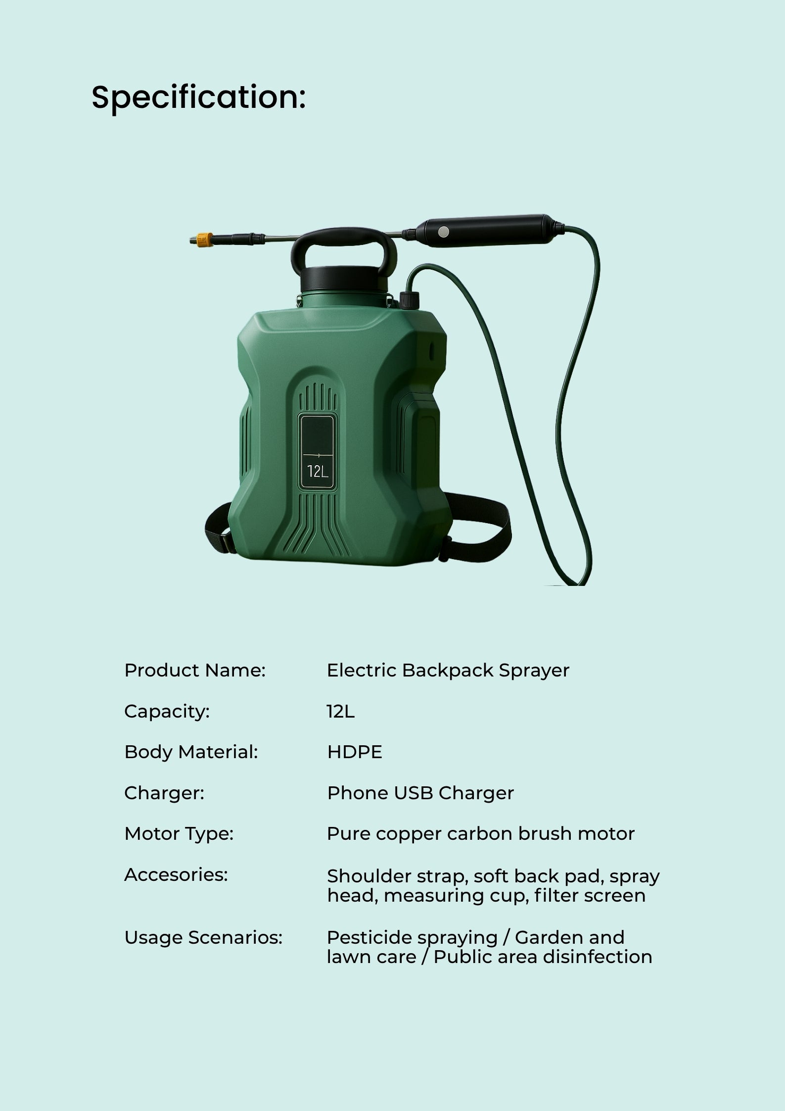 (Pre-Order) 12L Electric Backpack Sprayer – Rechargeable Battery-Powered Garden Sprayer for Plants & Agriculture