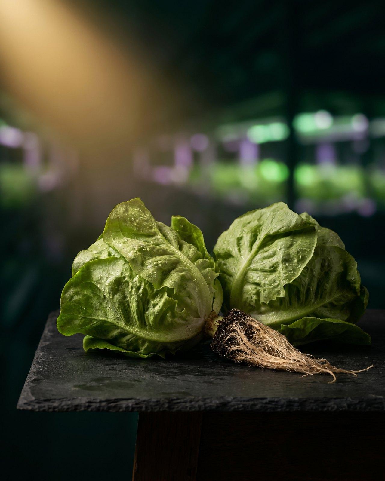 Freshly harvested A Leaf butterhead lettuce with roots, in the glow of the indoor farm
