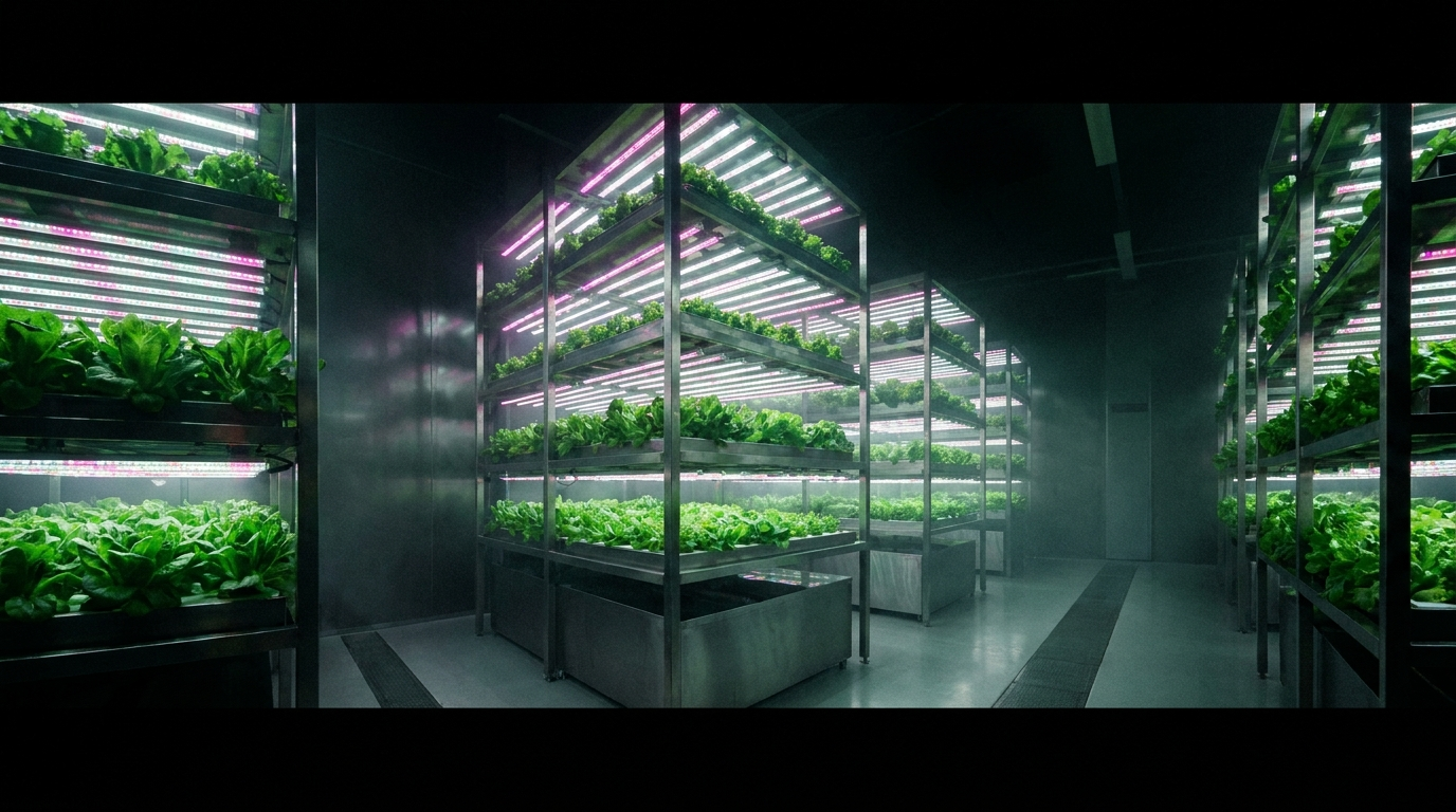 Inside the A Leaf indoor farm, rows of lettuce on grow racks