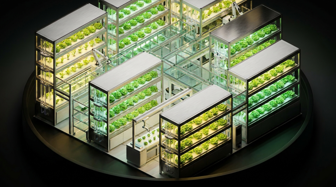 A miniature isometric model of the A Leaf indoor vertical farm, racks of greens glowing under grow lights