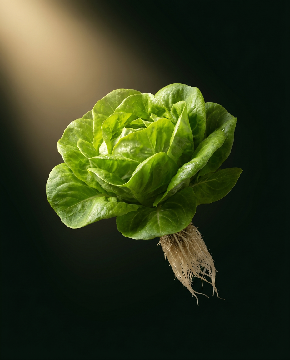 A Leaf butterhead lettuce, spotlit against darkness