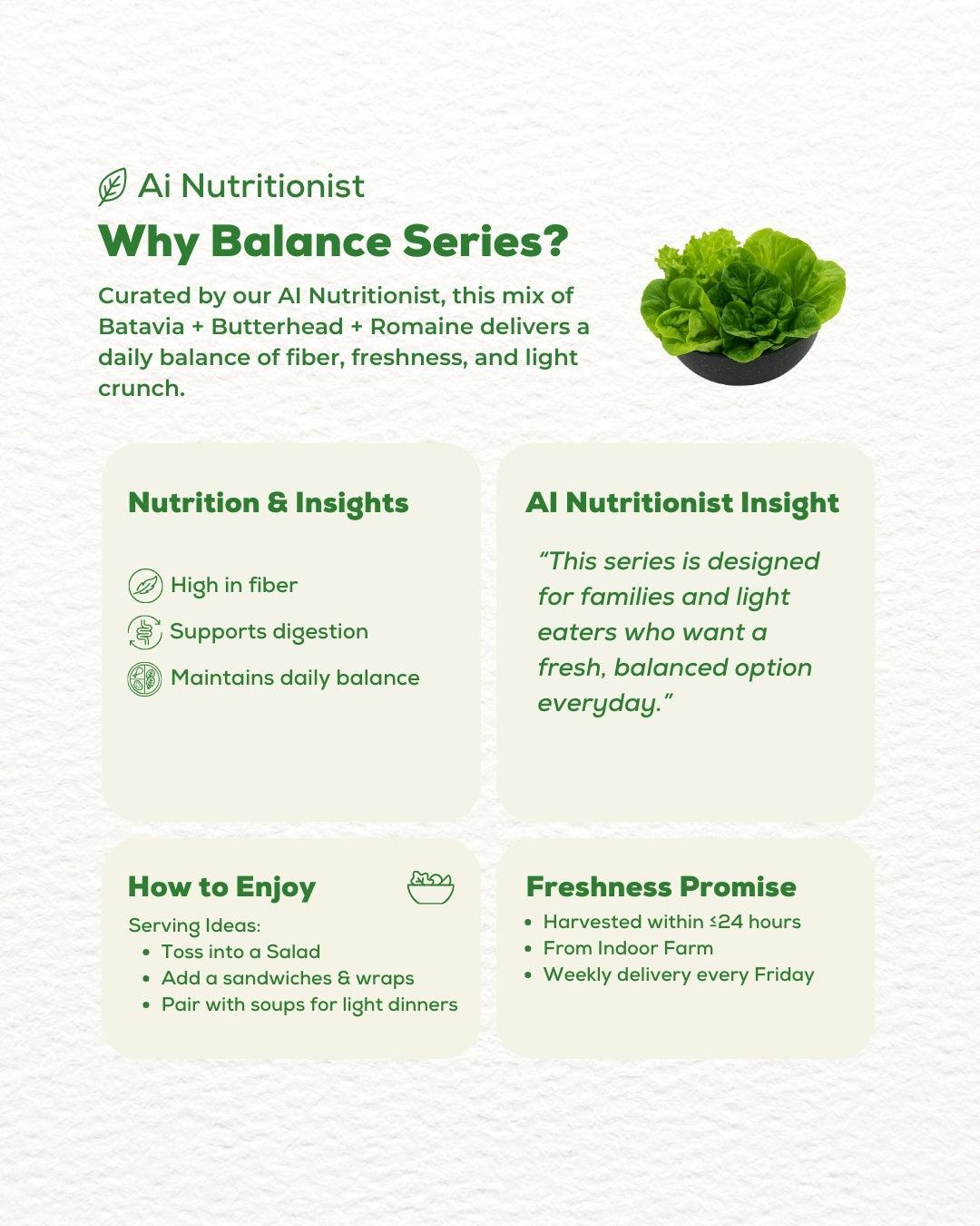Balance Series – AI Nutritionist Wellness Greens (Batavia, Butterhead, Romaine)