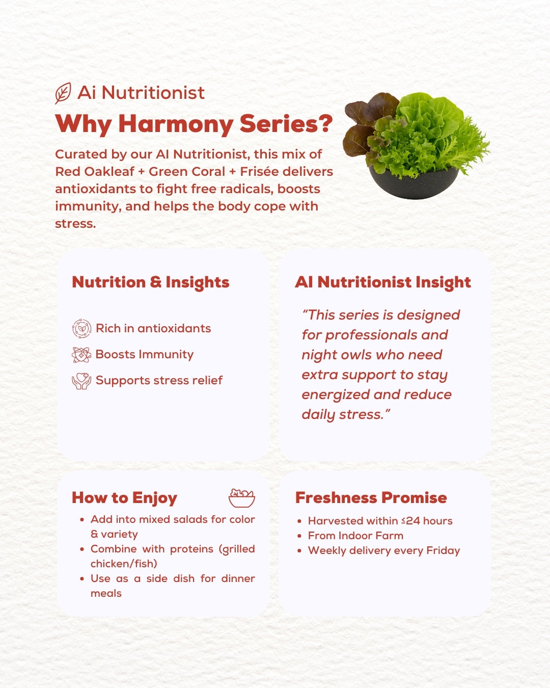 Harmony Series – Antioxidant-Rich Salad Mix (Red Oakleaf, Green Coral, Frisée)